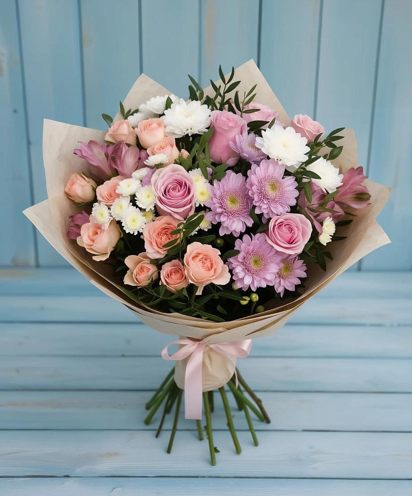 Букет цветов из: Хризантемы, Розы и Альстромерии в Ирше