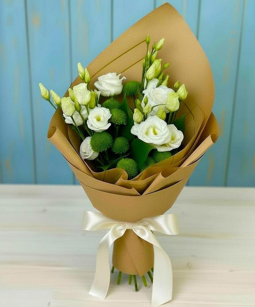 Букет цветов из: Хризантемы и Лизиантусы в Ирше