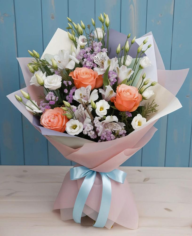 Букет цветов из: Лизиантусы, Розы, Альстромерии и Гипсофила в Ирше