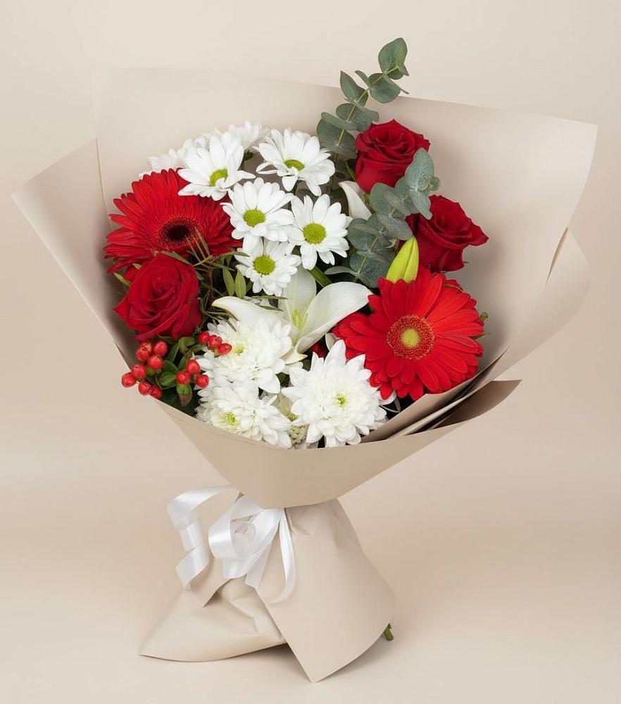 Букет цветов из: Розы, Хризантемы, Герберы и Лилии в Ирше