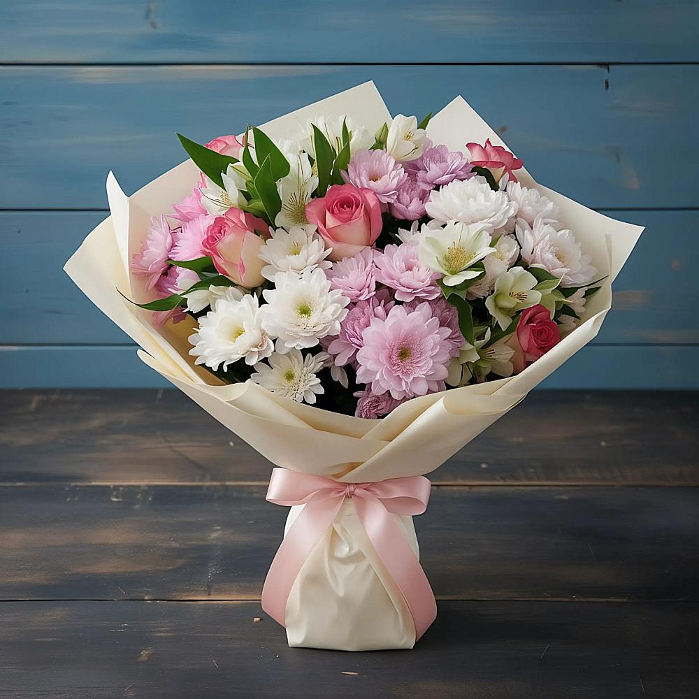 Букет цветов из: Хризантемы, Альстромерии и Розы в Ирше